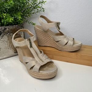 Michael Kors Berkley Wedge Sandals Gold Metallic Linen Zip Espadrille Boho 8M